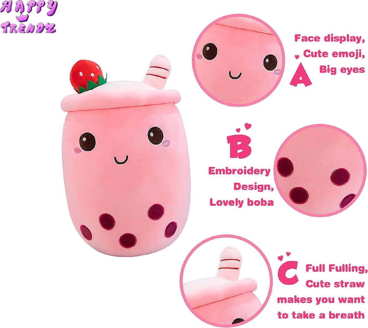 Happy Trendz® - Boba Bubble Tea Aardbei Pluche Knuffel 35 cm {Popping bobba Kawaii Kussen Milk Tea Plush Toy | Cute TikTok Melk Bubbel Thee | Knuffel Speel Cadeau Kinderen & Volwassenen}